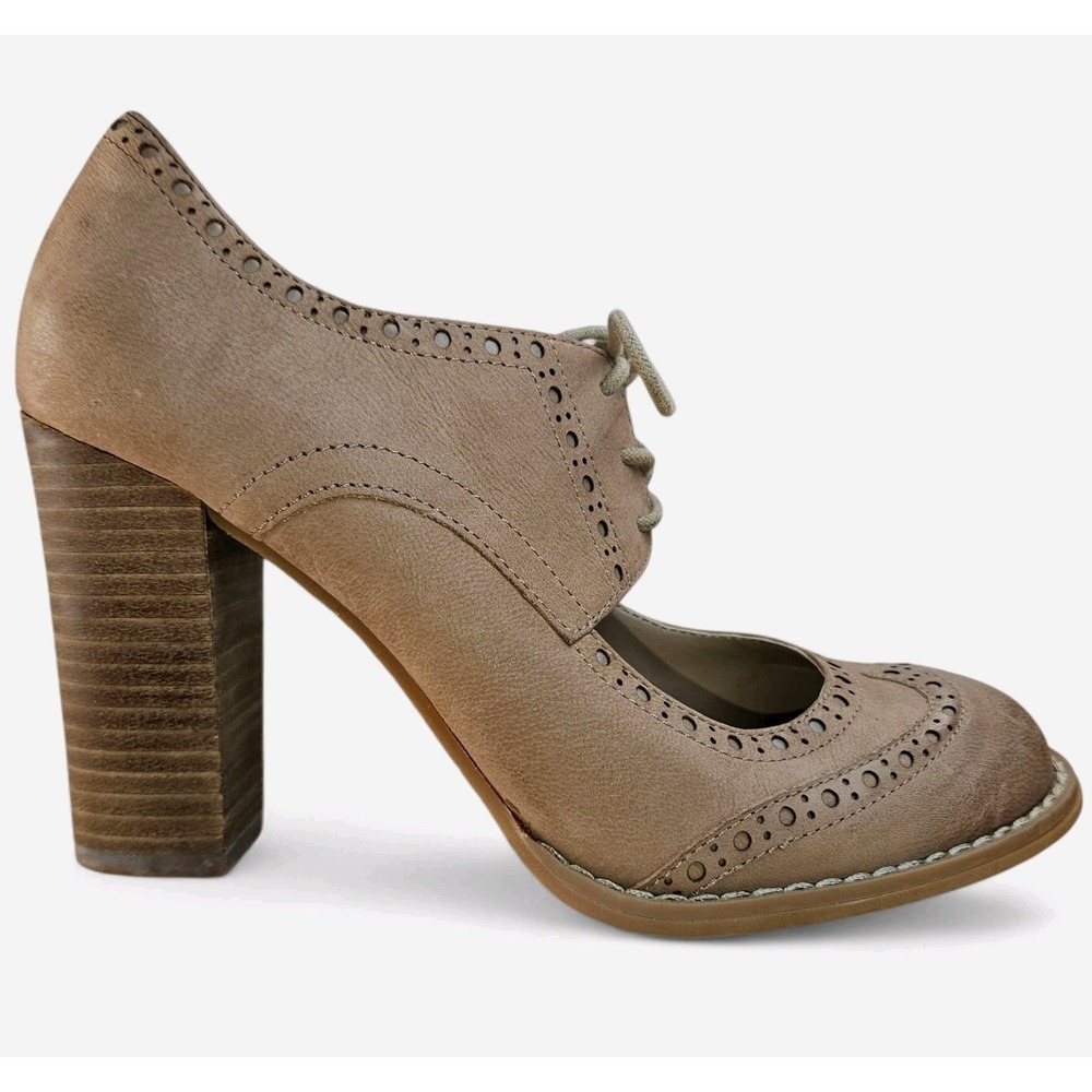 Wingtip Oxford Heels Size 7.5 Tan Dress Shoes Suede Lace Up Chunky Block Retro - Picture 3 of 11